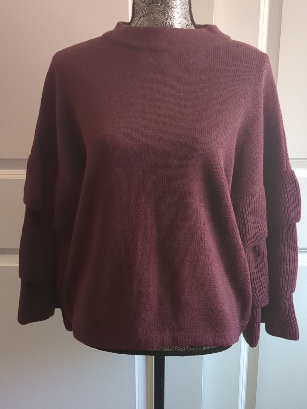 New! Poof Apparel Burgundy Sweater w Tierd Sleeves, XL